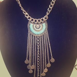 Turquoise and silver boho statement necklace